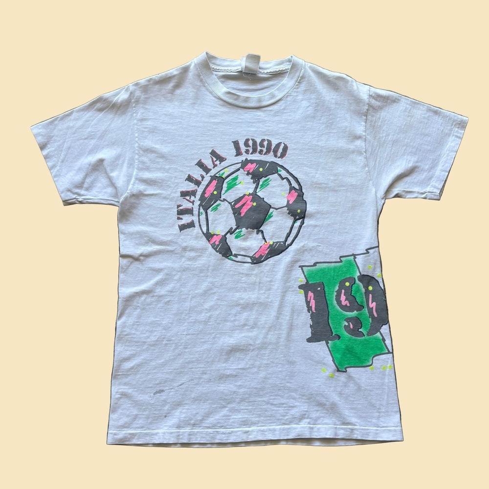Vintage 1990 Italia Cyrk World Cup Soccer Graphic T-Shirt White Large